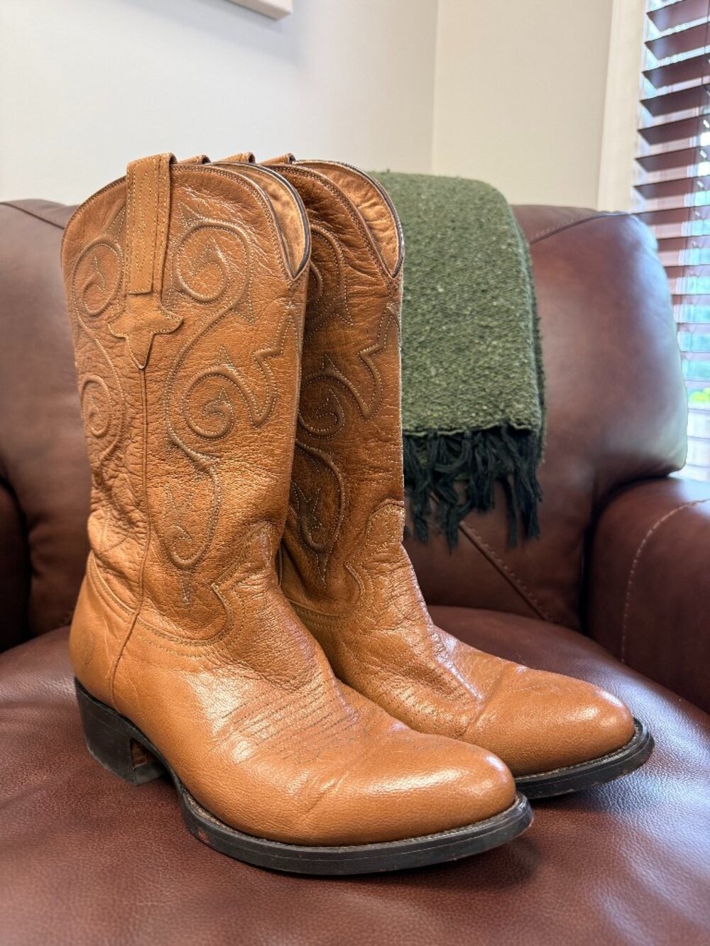 Montana Goat Leather Cowboy Boots 8.5D Tan Round Toe Handmade In Mexico